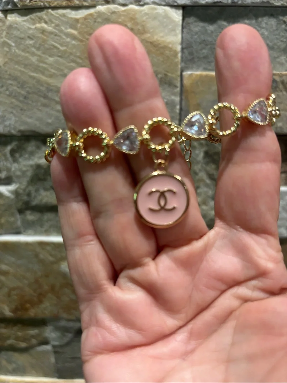 Gold Chain Charm Bracelet with Pink Enamel CC Logo Disc - Picture 2 of 4